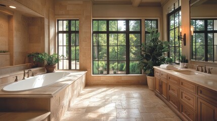 A peaceful bathroom with natural stone floors, custom cabinetry, and high-quality fixtures that embody quiet elegance and comfort