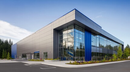 Modern Architectural Design: A sleek, modern building with blue and gray accents stands out against a backdrop of lush greenery, showcasing a contemporary architectural masterpiece.  