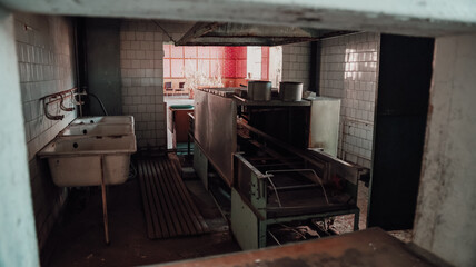 Abandoned kitchen in Pyramiden, Svalbard showcasing remnants of past daily activities