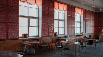 Abandoned dining hall in Pyramiden showcases vintage decor and a quiet ambiance