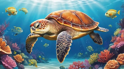 Obraz premium Sea turtle glides through ocean with school of fish and colorful coral.