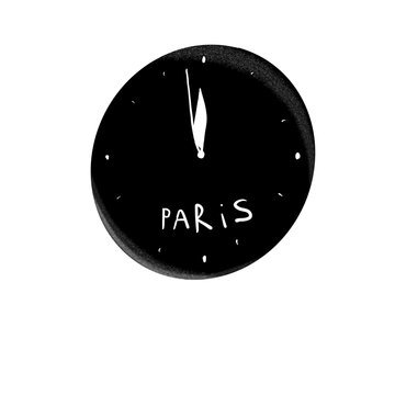 A minimalist, flat illustration of a black round wall clock with &ldquo;Paris&rdquo; in white, set to one minute before midnight. This simple design captures the elegance of time and Parisian style.