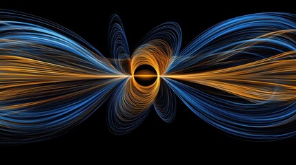 Abstract magnetic field visualization with glowing lines and arrows representing the flow of magnetic force around a central object in a dark, empty space.