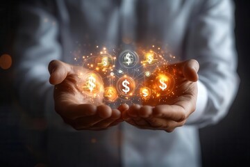 Close-up of businessman holding energy icons and dollar signs, dynamic light, ultra-realistic
