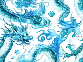 Vibrant Watercolor Blues and Greens: Traditional Chinese Dragon Pattern Tile Art
