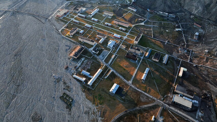 Aerial view of the abandoned settlement of Pyramiden in Svalbard during daylight