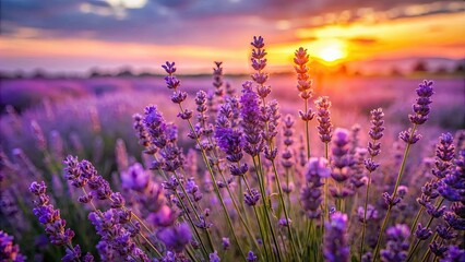 Close up of violet lavender flowers in a field at sunset , Lavender, flowers, field, sunset, nature, background, purple