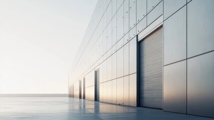 Side view of an industrial hangar with brass walls, a durable silver frame, and tall reinforced...