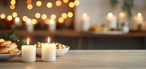 Table set for a Hanukkah and Christmas feast, glowing candles and traditional foods