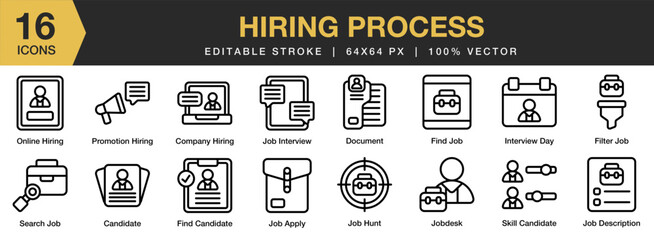 Hiring Process icon set. Editable Stroke Icon Collection. Includes candidate, company hiring, document, filter job, find, interview, and More. Outline icons vector collection.