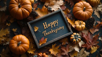 Thanksgiving card with a minimalist design, autumn leaves and pumpkins