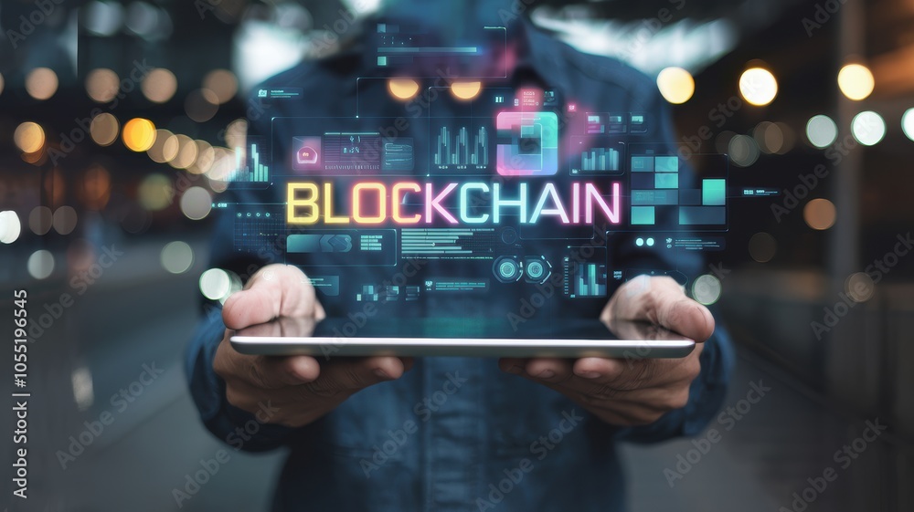 Poster exploring the future of transactions with blockchain technology in a digital era