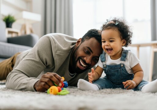 Father and baby daughter laughing and playing together with colorful toys at home - Powered by Adobe