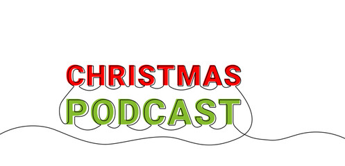 Christmas continuous line drawing of podcast logo icon. Xmas broadcast symbol single outline style. Holiday audio live stream thin contour sign. Vector illustration isolated on white background