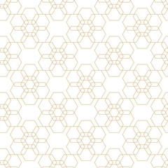 Abstract geometric pattern with crosses, stripes, lines. Seamless vector background. White and gold ornament. Modern reticulated graphic design.
