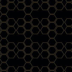 Abstract geometric pattern with crosses, stripes, lines. Seamless vector background. Black and gold ornament. Modern reticulated graphic design.
