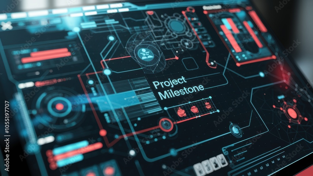 Poster innovative digital dashboard displaying project milestone metrics and analytics overview