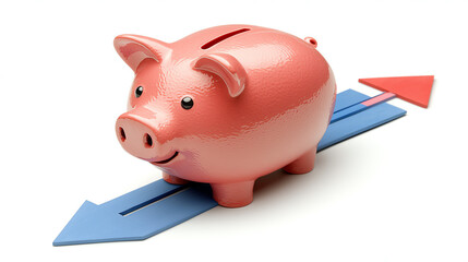 Piggy bank with arrows, costsaving trend, 3D illustration