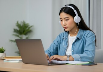 Young woman concentrating on her online studies, using a laptop and wearing headphones in a home setting