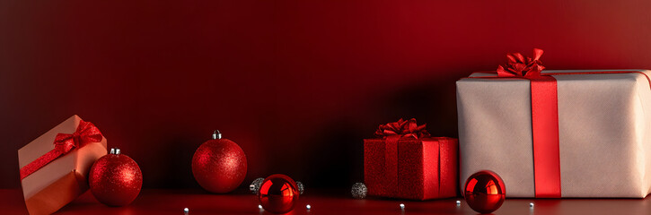 Christmas gift boxes with red balls.