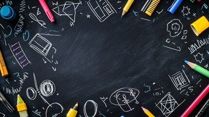 2410 41.A back-to-school poster with a chalk-doodle border of school supplies, including erasers, markers, and geometry tools, drawn in bright chalk against a dark blackboard background. The open