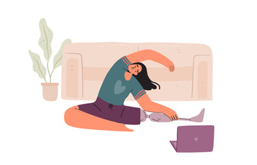 Home training for woman with disability.  Girl with leg prosthesis doing remote training concept.