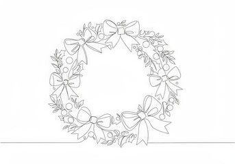 Festive christmas wreath with bows, holly leaves, and berries drawn in a continuous line art style