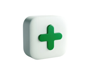 Fototapeta premium 3D render of a green plus sign on a white rounded square background. Isolated on white, symbolizing health, medicine, and positivity.