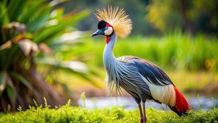 Fototapeta premium Majestic grey crowned crane standing in its natural habitat, wildlife, bird, Africa, savannah, nature