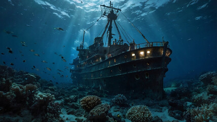 Obraz premium Deep Ocean with sank ship and sea species