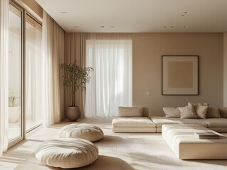 Family room with soft pastel walls, simple furniture, and light-colored textiles for a peaceful, minimal space