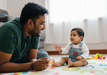 Young father lying on the floor playing with his baby son