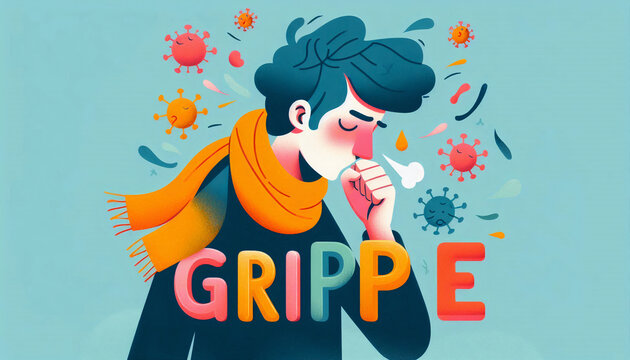 Illustration of a person with a scarf, coughing, with the word "GRIPPE" and virus particles, symbolizing flu awareness and cold season