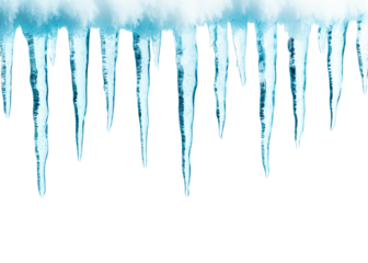 A collection of icicles hanging down, illustrated in a cool tone, isolated on white background, depicting winter's chill.