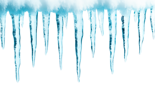 A collection of icicles hanging down, illustrated in a cool tone, isolated on white background, depicting winter's chill.