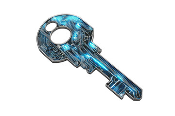 Digital key with a futuristic design, featuring circuit patterns and glowing blue accents, symbolizing security and technology.