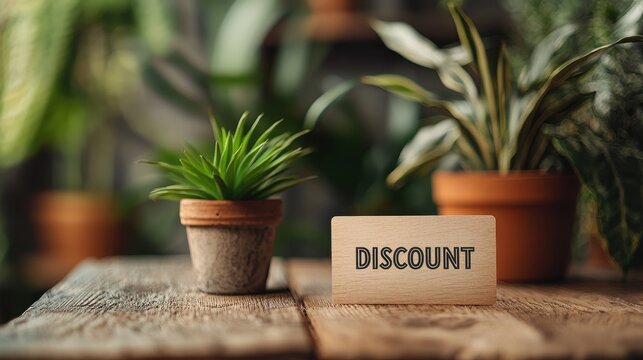 A discount card mockup is elegantly placed on a wooden table among lush potted plants