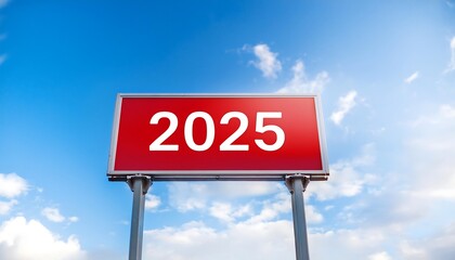 Text 2025 on red sign against blue sky. New Year resolution and goal to change and progress,