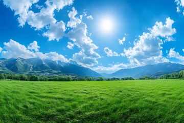 Obraz premium Mountain Landscape with Green Field and Blue Sky