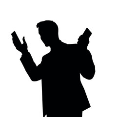 A businessman silhouette holding a phone and gesturing with one hand as if talking animatedly