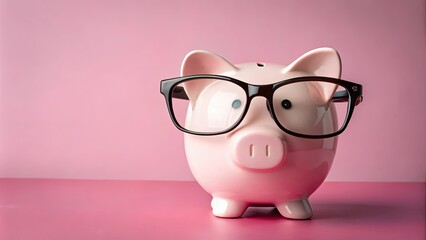 Piggy bank wearing glasses on a pastel pink background, savings, money, finance, investment, piggy bank