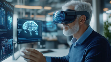 Innovative man using virtual reality technology in modern office. Engaged in immersive experience, exploring digital data and simulations