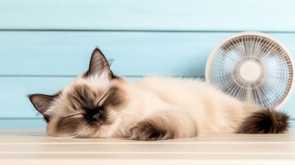 A sleepy cat lies on a surface with a fan nearby, resting peacefully against a light blue background.
