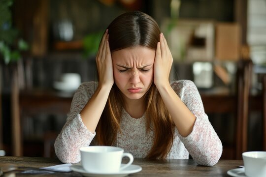 Young woman sitting at table in cafe, covering her ears with hands and grimacing, ignoring surrounding noise