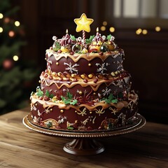 Three-Tiered Christmas Cake with Icing and Festive Decorations.