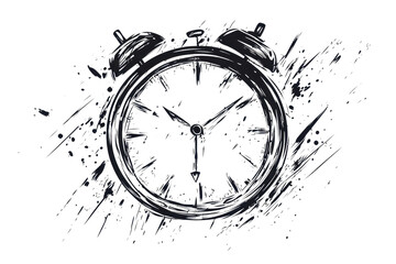 Artistic black and white alarm clock with ink splatter effect, symbolizing time, urgency, and creativity in a dynamic visual style.
