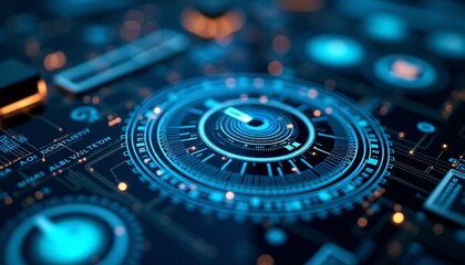 A close-up of a futuristic operating system interface, with holographic menus and icons that shimmer and pulse with light