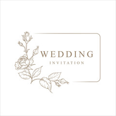 Luxury floral frame with Rose flowers and leaves. Vector vintage botanical illustration hand drawn in line art style for wedding invitation, save the date, card, logo, design, tattoo, greeting