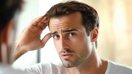 Obraz premium A young man assessing his hairstyle in front of a mirror during the morning routine