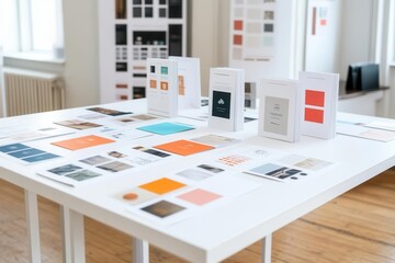 Large white table with colorful brand identity leaflets and printed product catalogs